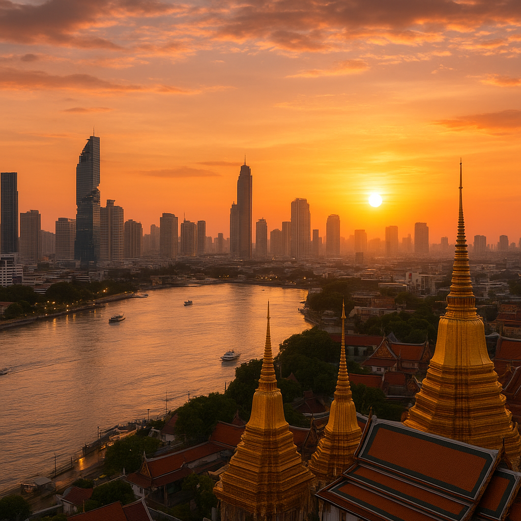 Thai temples and modern cityscape with tropical landscape